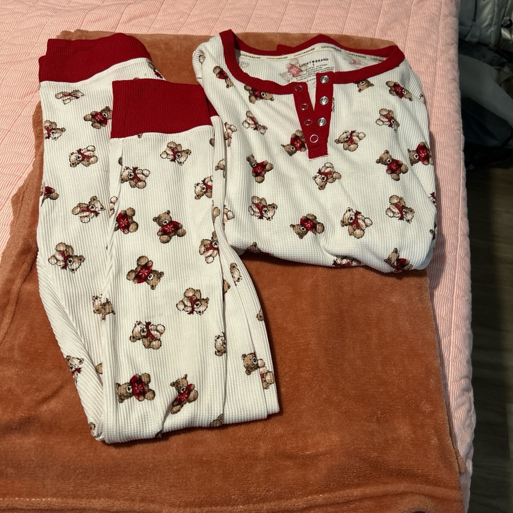 Lucky Brand White Thermal Pajama Set with Red Trim and Teddy Bear Print